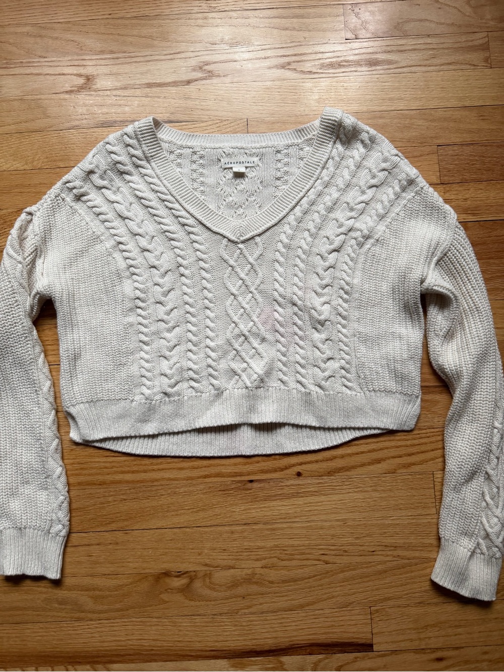 Aeropostale Cream Cable-Knit V-Neck Cropped Sweater